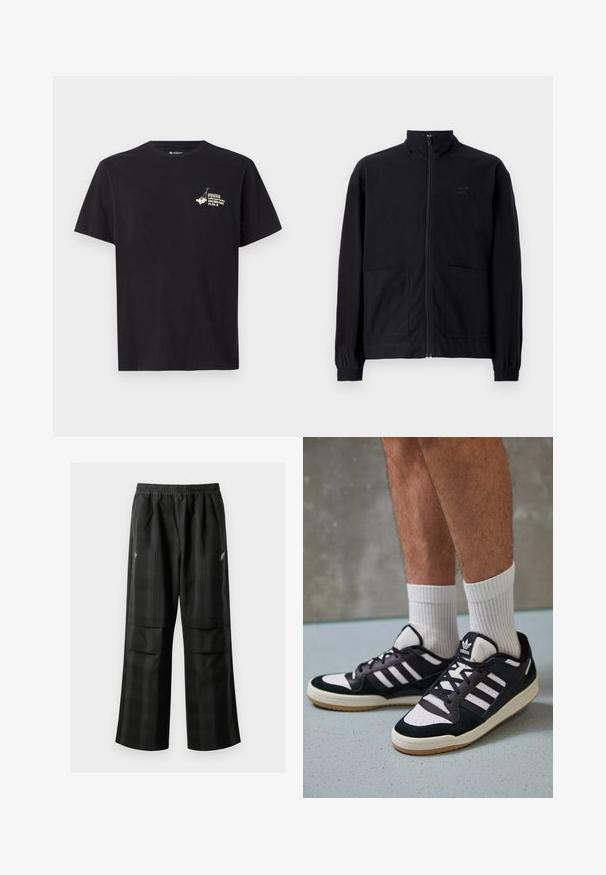 Jaqueta preta com fecho zip, feita de tecido texturizado, com gola alta, duas bolsos frontais e punhos elásticos. Detalhe discreto do logótipo.; T-shirt preta de algodão com uma impressão gráfica no lado esquerdo do peito. Decote redondo clássico e mangas curtas, com uma textura suave.; Calças pretas em padrão xadrez com cintura elástica, dois bolsos frontais e um ajuste solto com design de perna reta. Feitas de material leve.; Ténis em preto e branco com upper em camurça e couro, apresentando três riscas brancas, um toe perfurado e uma sola em borracha de goma.