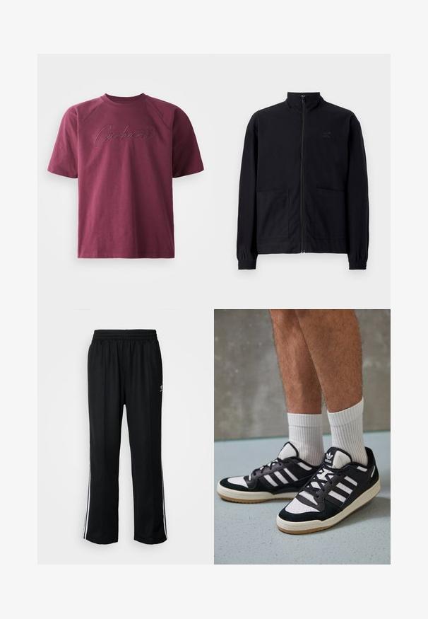 Čierna zapínacia bunda vyrobená z textúrovanej látky, s vysokým golierom, dvoma prednými vreckami a elastickými manžetami. Diskrétne logo.; Bordová bavlnená tričko s krátkymi raglánovými rukávmi a textúrovaným výšivkovým logom "Carhartt" v kontrastnej farbe na prednej strane.; Čierne športové nohavice s elastickým pásom, s bielymi bočnými prúžkami a malým logom. Materiál vyzerá byť mäkký a ľahký.; Čierno-biele tenisky s vrchom z semišu a kože, s troma bielymi pruhmi, perforovanou špičkou a gumovou podrážkou.