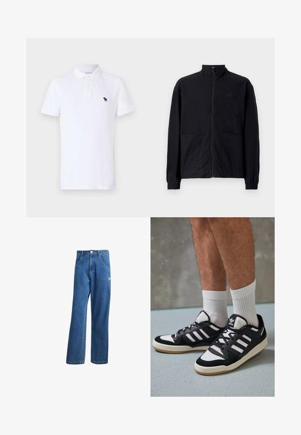 Svart zip-up jakke laget av teksturert stoff med stående krage, to frontlommer og elastiske mansjetter. Diskret logo detalj.; Hvit poloskjorte laget av bomull, med klassisk krage, korte ermer og en liten mørkeblå logo på venstre bryst.; Blå høyhalsede vide denimjeans med frontlommer, belteholdere, knappelukking og liten Adidas-logo på høyre lår.; Sorte og hvite sneakers med overdel i semsket skinn og lær, med tre hvite striper, perforert tå og en såle av gummi.