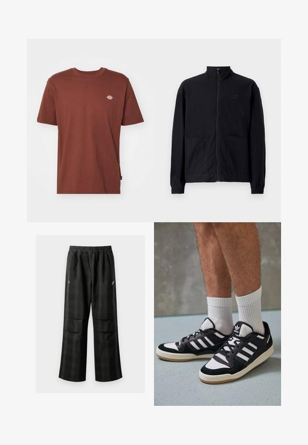Čierna zapínacia bunda vyrobená z textúrovanej látky, s vysokým golierom, dvoma prednými vreckami a elastickými manžetami. Diskrétne logo.; Hnedé bavlnené tričko s krátkymi rukávmi, okrúhlym výstrihom a malým logom na hrudi. Hladká textúra a rovný strih.; Čierne kockované nohavice s elastickým pásom, dvoma prednými vreckami a voľným strihom so rovnými nohavicami. Vyrobené z ľahkého materiálu.; Čierno-biele tenisky s vrchom z semišu a kože, s troma bielymi pruhmi, perforovanou špičkou a gumovou podrážkou.