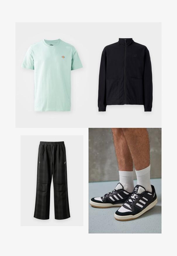 Melna zip-up jaka, izgatavota no struktūrētas auduma, ar stāvošu apkakli, divām priekšējām kabatām un elastīgām aprocēm. Diskreta logotipa detaļa.; Gaiši zaļa kokvilnas T-krekls ar apaļu kakla izgriezumu un īsām piedurknēm. Uz krūtīm ir neliels, krāsains logo.; Melnas kvadrātveida bikses ar elastīgu jostu, divām priekšējām kabatām un brīvu piegriezumu ar taisnām kājām. Izgatavotas no viegla materiāla.; Melnas un baltas kedas ar zamša un ādas augšdaļu, kas aprīkotas ar trim baltām svītrām, perforētu purngali un gumijas zolēm.