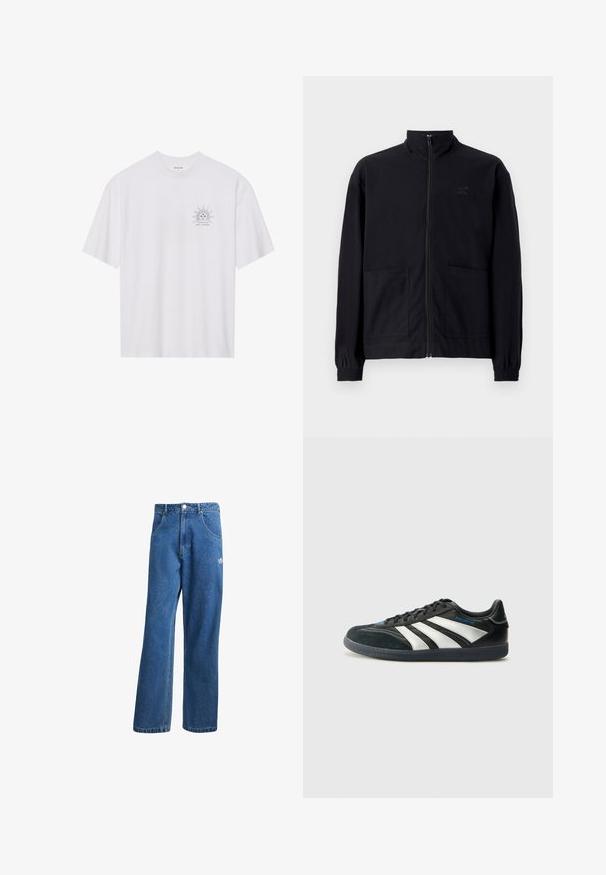 Svart zip-up jakke laget av teksturert stoff med stående krage, to frontlommer og elastiske mansjetter. Diskret logo detalj.; Hvit bomull t-skjorte med korte ermer, med et solmotiv i svart på venstre brystområde, og teksten "NAVIGATE THE COSMOS" under.; Blå høyhalsede vide denimjeans med frontlommer, belteholdere, knappelukking og liten Adidas-logo på høyre lår.; adidas Performance PREDATOR FREESTYLE JUDE INDOOR FOOTBALL SHOES - Innendørsfotballsko - core black/silver-coloured/glory blue