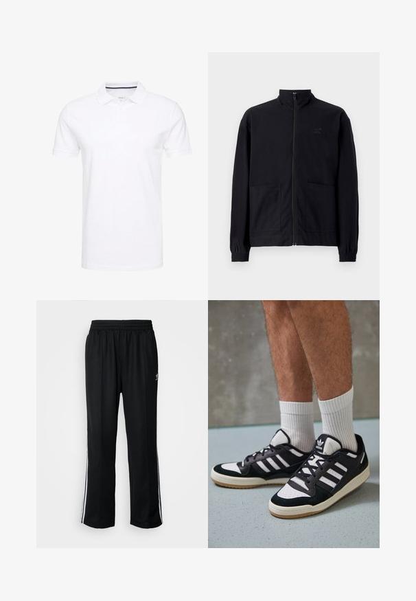 Zwarte zip-up jack van textuurstof met een staande kraag, twee voorzakken en elastische manchetten. Subtiel logo-detail.; Witte polo shirt van katoen, met een traditionele kraag, korte mouwen en een drie-knopenlijst met subtiele marineblauwe accenten aan de binnenkant.; Zwarte sportbroeken met een elastische tailleband, voorzien van witte zijkanten en een klein logo. Het materiaal lijkt zacht en lichtgewicht te zijn.; Zwart-witte sneakers met een bovenwerk van suede en leer, voorzien van drie witte strepen, een geperforeerde neus en een rubberen gumzool.