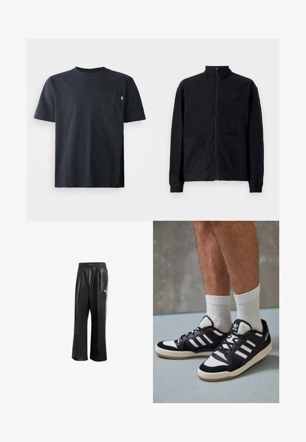 Jaqueta preta com fecho zip, feita de tecido texturizado, com gola alta, duas bolsos frontais e punhos elásticos. Detalhe discreto do logótipo.; T-shirt de algodão azul marinho escuro com decote redondo e mangas curtas. Inclui um único bolso no peito e design de bainha reta.; Calças de treino sintéticas pretas com um cós elástico, apresentando riscas laterais brancas e um pequeno logótipo branco no quadril esquerdo.; Ténis em preto e branco com upper em camurça e couro, apresentando três riscas brancas, um toe perfurado e uma sola em borracha de goma.