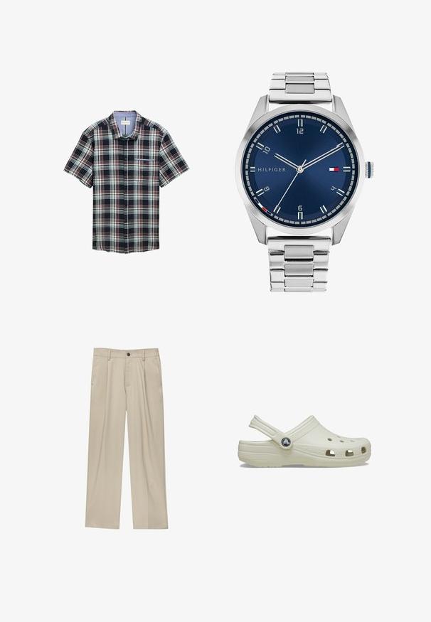 Groene wollen jas met een kraaghalslijn, sluiting met knopen aan de voorkant en twee opgestikte zakken, afgewerkt met een zachte textuur.; Kortegenoemde geruite overhemd in marineblauw, rood en groen. Beschikt over een knoopsluiting aan de voorkant, een borstzak en een ruitpatroon met een contrasterende kraag.; Beige broek met een rechte snit, voorzien van een enkele zwarte knoop, riemlussen en zijzakken. Glad stoffen textuur en een minimalistisch ontwerp.; Crème-kleurige rubberen klomp met een achterkantband, ventilatiegaten, een textuur op de bovenkant en verhoogde randen. Beschikt over een ronde logo-accent aan de zijkant.; Zilveren metalen horloge met een geborstelde blauwe wijzerplaat, witte uurmarkeringen en een datumweergave. Voorzien van een geschakelde metalen band en het logo van het merk.