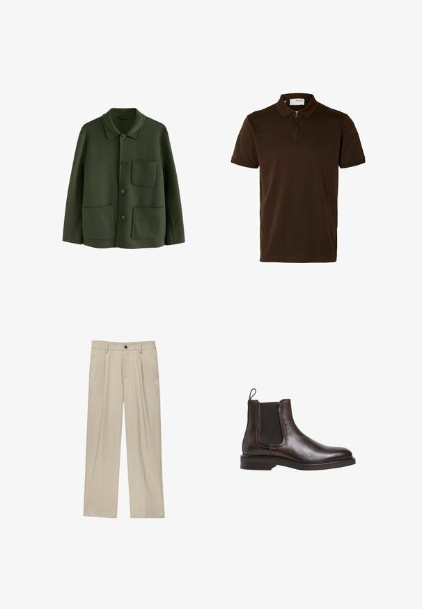 Vihreä villatakki, jossa on kauluksellinen kaulus, etupainike, ja kaksi paikkaa, viimeistelty pehmeällä tekstuurilla.; Ruskea polo-paita, joka on valmistettu sileästä kankaasta. Siinä on vetoketjullinen kaulus, lyhyet hihat ja muotoiltu istuvuus. Ei näkyviä kuvioita tai koristeita.; Beige-housut suoran leikkauksen omaavina, joissa on yksi musta nappi, vyölenkit ja sivutaskut. Sileä kangas ja minimalisti muotoilu.; Ruskeaharmaat nahka-Chelsea-saappaat, joissa on joustavat sivupaneelit, silmukkatapit ja matala pinottu korko. Sileä pinta ja sulavalinjainen muotoilu.