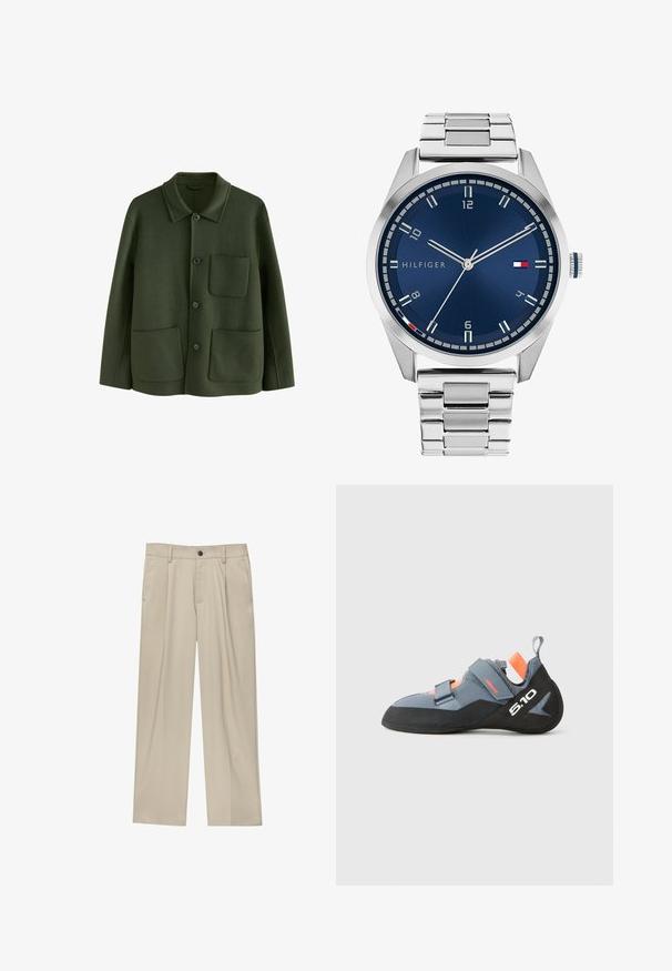 Grüne Wolljacke mit Kragen, Knopfverschluss vorne und zwei aufgesetzten Taschen, ausgestattet mit einer weichen Textur.; Braunes Poloshirt aus glattem Stoff, mit einem Reißverschlusskragen, kurzen Ärmeln und einer taillierten Passform. Keine Muster oder Verzierungen sichtbar.; Beige Hosen mit geradem Schnitt, ausgestattet mit einem einzelnen schwarzen Knopf, Gürtelschlaufen und Seitentaschen. Glatte Stofftextur und minimalistisches Design.; Kletterschuh mit grauem synthetischem Obermaterial, schwarzer Gummisohle und orangefarbenen Akzenten. Verfügt über doppelte Klettverschlüsse und eine verstärkte Ferse.; Silberne Metall-Uhr mit einem gebürsteten blauen Zifferblatt, weißen Stundenmarkierungen und einem Datumsanzeiger. Verfügt über ein verlinktes Metallarmband und ein Markenlogo.