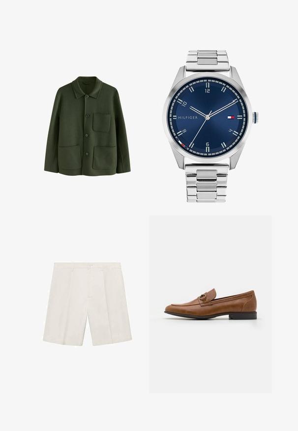 Zelena vunena jakna s ovratnikom, prednjim kopčanjem na dugmad i dva položena džepa, završena mekanom teksturom.; Smeđa polo majica od glatkog materijala, s ovratnikom na zatvarač, kratkim rukavima i prilagođenim krojem. Nema vidljivih uzoraka ili akcenata.; Bež šorts s krojem, izrađen od lagane tkanine. Ima dugme za zatvaranje, dva prednja džepa i ravni kroj. Glatka tekstura.; Smeđi kožni mokasini s ravnim potplatom, ukrašeni metalnim detaljem sprijeda, s glatkim dizajnom i mekom teksturom.; Srebrni metalni sat s četkanim plavim brojčanikom, bijelim oznakama sati i prikazom datuma. Ima povezan metalni remen i logo marke.