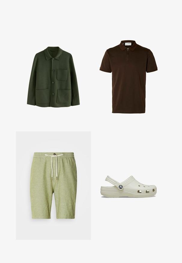 Veste en laine verte avec un col, fermeture à boutons sur le devant et deux poches à rabat, dotée d'une texture douce.; Polo shirt marron en tissu lisse, doté d'un col zippé, de manches courtes et d'une coupe ajustée. Aucun motif ni accent visible.; Shorts vert clair en mélange de coton, dotés d'une taille élastique avec cordon de serrage et embouts en métal, de courte longueur et sans poches.; Sabot en caoutchouc couleur crème avec une sangle à l'arrière, des trous de ventilation, une partie supérieure texturée et des bords relevés. Présente un accroche-logo rond sur le côté.