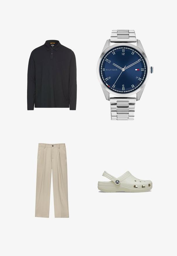Groene wollen jas met een kraaghalslijn, sluiting met knopen aan de voorkant en twee opgestikte zakken, afgewerkt met een zachte textuur.; Poloshirt met lange mouwen in donker blauw, gemaakt van zachte katoen. Voorzien van een klassieke kraag, een twee-knopen sluiting en subtiele logo-details.; Beige broek met een rechte snit, voorzien van een enkele zwarte knoop, riemlussen en zijzakken. Glad stoffen textuur en een minimalistisch ontwerp.; Crème-kleurige rubberen klomp met een achterkantband, ventilatiegaten, een textuur op de bovenkant en verhoogde randen. Beschikt over een ronde logo-accent aan de zijkant.; Zilveren metalen horloge met een geborstelde blauwe wijzerplaat, witte uurmarkeringen en een datumweergave. Voorzien van een geschakelde metalen band en het logo van het merk.