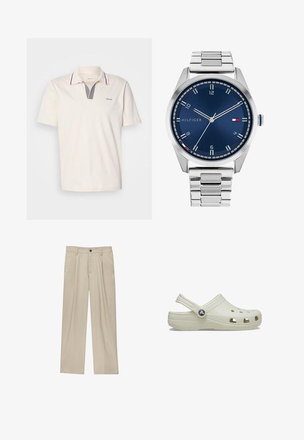 Grüne Wolljacke mit Kragen, Knopfverschluss vorne und zwei aufgesetzten Taschen, ausgestattet mit einer weichen Textur.; Cremfarbenes Poloshirt mit V-Ausschnitt, ausgestattet mit navy- und weißgestreiften Akzenten, kurzen Ärmeln und einem kleinen Logo auf der linken Brust.; Beige Hosen mit geradem Schnitt, ausgestattet mit einem einzelnen schwarzen Knopf, Gürtelschlaufen und Seitentaschen. Glatte Stofftextur und minimalistisches Design.; Cremfarbener Gummischuh mit Rückenriegel, Belüftungsöffnungen, texturiertem Obermaterial und erhöhten Kanten. Verfügt über ein rundes Logo-Element an der Seite.; Silberne Metall-Uhr mit einem gebürsteten blauen Zifferblatt, weißen Stundenmarkierungen und einem Datumsanzeiger. Verfügt über ein verlinktes Metallarmband und ein Markenlogo.