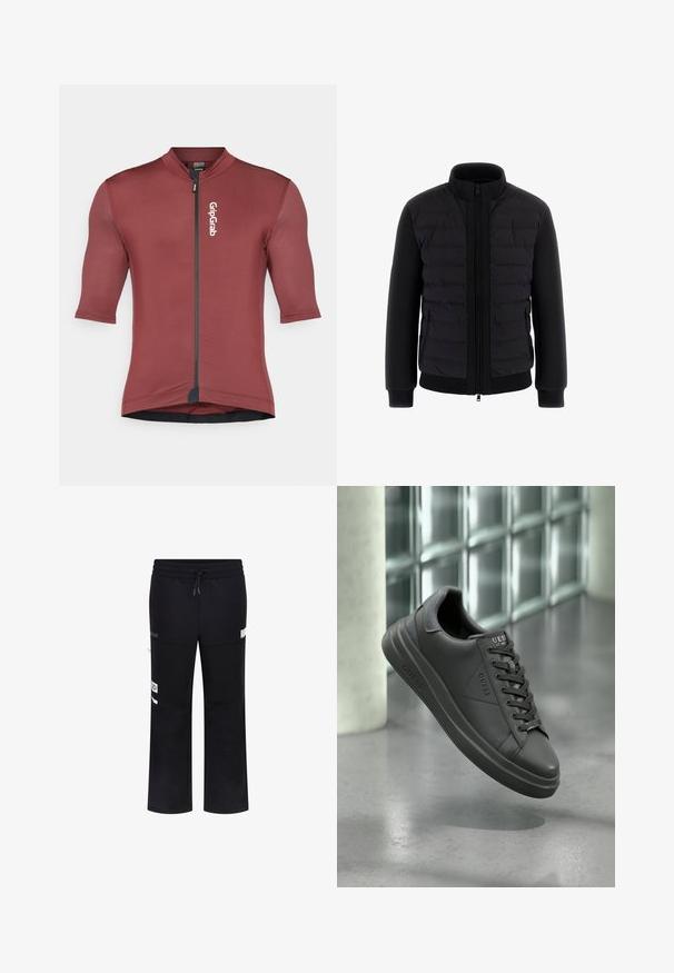 Fekete kabát steppelt elülső résszel és sima, elasztikus ujjal. Cipzáros záródás bordázott mandzsettával és alsó résszel. Két oldalsó zseb.; Bordó színű, rövid ujjú kerékpáros mez, rugalmas anyagból készült, elöl cipzárral és a GripGrab logójával a bal felső részen.; Fekete melegítőnadrág, elasztikus derékrésszel, zsinórral, oldalsó zsebekkel és logós részletekkel. Simás textúrájú és laza szabású dizájn.; Fekete bőrsneakerek sima felülettel, lekerekített orral, texturált díszítésekkel és fűzős kivitelben. A logó a nyelven látható.