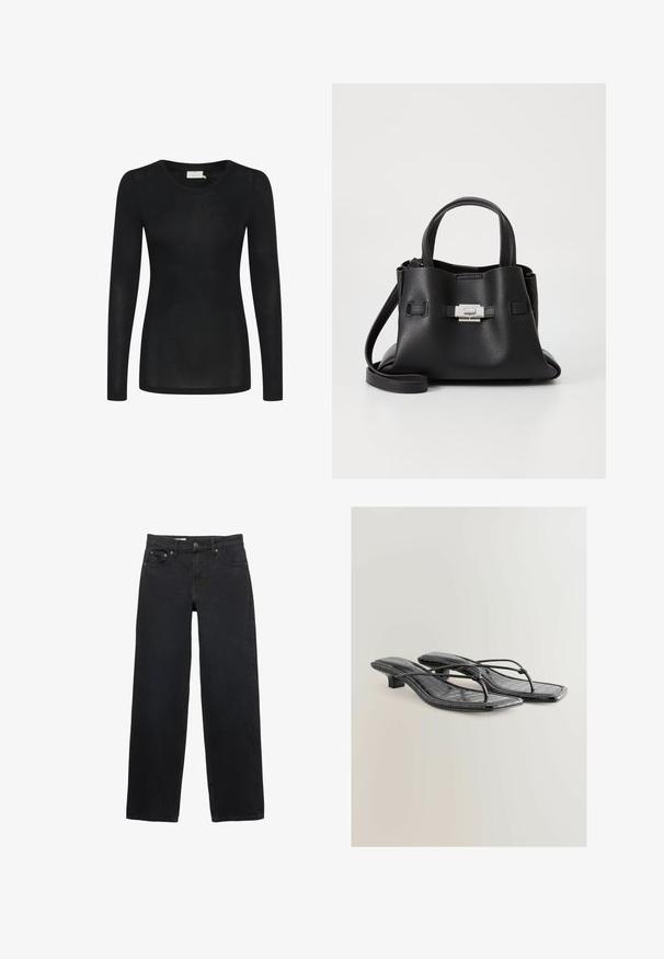 Gestuz SUMMER TRENCHCOAT - Jakna iz džinsa - unwashed denim; Črn dolg rokav majica iz lahkega, prosojnega materiala. Ima okroglo izrez in prilegajoč silhueto s pravim robom.; Črne široke jeans hlače iz denima, s petimi žepi, gumbom za zapiranje, subtilnim šivanjem in ravnim krojem od pasu do roba.; Črne sandale z visokimi petami iz umetnega usnja z lakirano površino, s kvadratnim nosom, tankimi trakovi in podrobnostmi v obliki krokodila. Oblika nizke blokaste pete.; Črna usnjena torbica z teksturirano površino, ki ima dva zgornja ročaja, odstranljiv ramenski trak in podrobnosti z srebrnim zapiranjem.