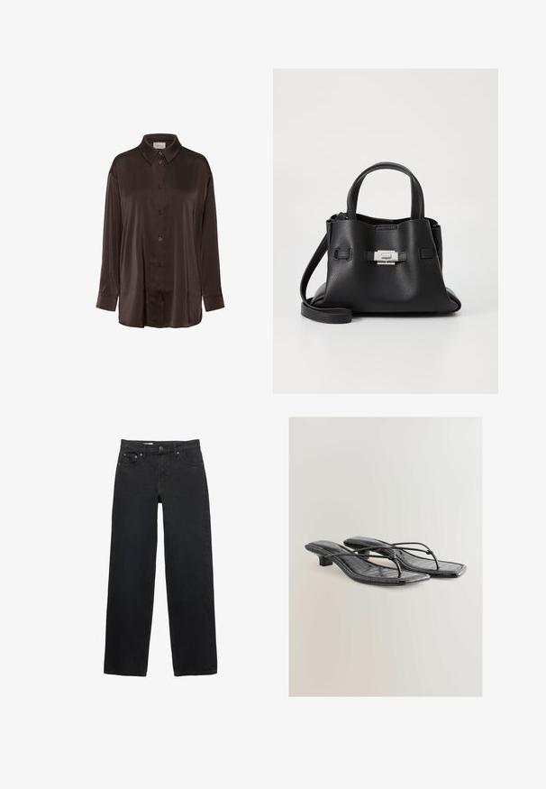 Gestuz SUMMER TRENCHCOAT - Jachetă din denim - unwashed denim; Cămașă din satin maro cu nasturi, având un guler clasic, mâneci lungi și o croială lejeră, cu o textură netedă și un luciu subtil.; Jeans negre cu croi larg, fabricate din denim, având cinci buzunare, închidere cu nasture, cusături subtile și un tăiat drept de la talie până la poale.; Sandale cu toc din piele ecologică patentată neagră, cu vârf pătrat, bretele subțiri și detalii cu textură de crocodil. Design cu toc mic și pătrat.; Geantă de mână din piele neagră cu o finisare texturată, având două mânere superioare, o curea de umăr detașabilă și un detaliu cu închidere din argint.