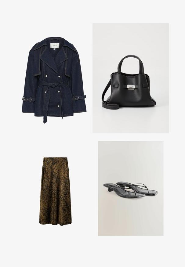 Gestuz SUMMER TRENCHCOAT - Jachetă din denim - unwashed denim; Cămașă lungă neagră cu mâneci lungi, confecționată dintr-un material ribbed. Are un decolteu rotund și un design ajustat, fără modele sau accente vizibile.; Fustă midi maro cu un model texturat de reptilă neagră, material neted, croială evazată și un talie înaltă pentru o ajustare confortabilă.; Sandale cu toc din piele ecologică patentată neagră, cu vârf pătrat, bretele subțiri și detalii cu textură de crocodil. Design cu toc mic și pătrat.; Geantă de mână din piele neagră cu o finisare texturată, având două mânere superioare, o curea de umăr detașabilă și un detaliu cu închidere din argint.