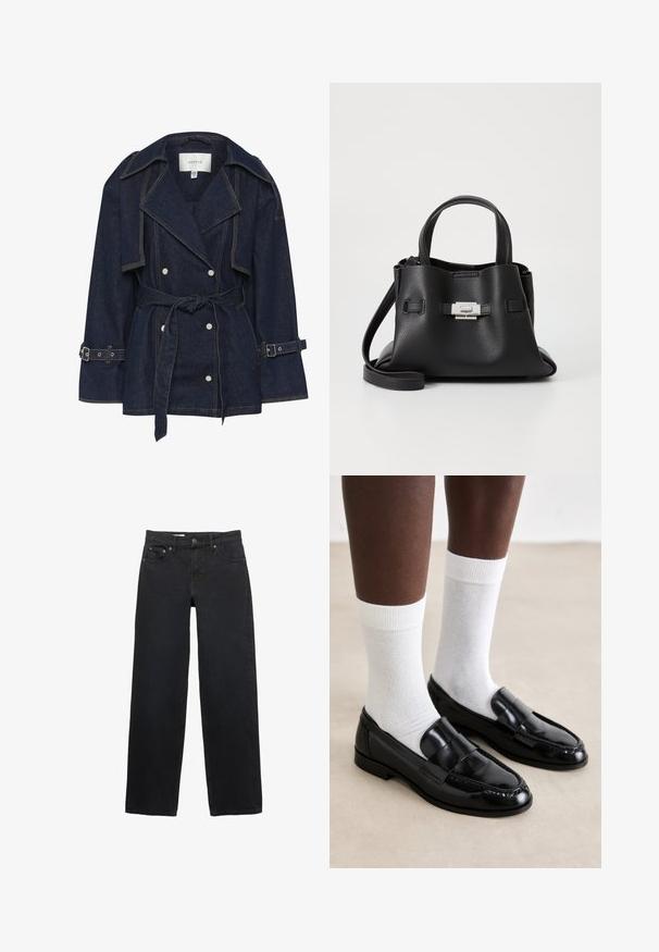 Gestuz SUMMER TRENCHCOAT - Farmerdzseki - unwashed denim; Fekete, hosszú ujjú póló bordázott anyagból. Kerek nyakú, testhezálló fazonú, látható minták vagy díszítések nélkül.; Fekete, bő szabású farmernadrág, öt zsebbel, gombos záródással, diszkrét varrással és egyenes szabással a derektól a szegélyig.; Fekete lakkbőr loaferek varrott mintával, fehér pamut zoknival, egy világos padló háttér előtt kiemelve.; Fekete bőr kézitáska struktúrált felülettel, két felső fogantyúval, levehető vállpánttal és ezüst színű csattal.