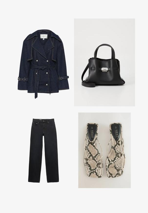 Gestuz SUMMER TRENCHCOAT - Giacca di jeans - unwashed denim; Maglietta nera a maniche lunghe realizzata in tessuto a coste. Presenta un collo rotondo e un design aderente senza motivi o dettagli visibili.; Jeans neri a gamba larga realizzati in denim, con cinque tasche, chiusura a bottone, cuciture sottili e una linea diritta dalla vita all'orlo.; Sandali piatti con motivo in rettile in tonalità di beige e grigio, con design a ciabatta e una soletta nera liscia con etichetta "NEXT."; Borsa a tracolla in pelle nera con finitura textured, dotata di due manici superiori, una tracolla rimovibile e un dettagli di chiusura in argento.