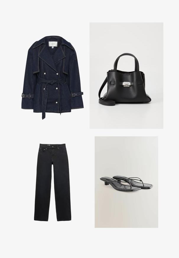 Gestuz SUMMER TRENCHCOAT - Jachetă din denim - unwashed denim; Cămașă lungă neagră cu mâneci lungi, confecționată dintr-un material ribbed. Are un decolteu rotund și un design ajustat, fără modele sau accente vizibile.; Jeans negre cu croi larg, fabricate din denim, având cinci buzunare, închidere cu nasture, cusături subtile și un tăiat drept de la talie până la poale.; Sandale cu toc din piele ecologică patentată neagră, cu vârf pătrat, bretele subțiri și detalii cu textură de crocodil. Design cu toc mic și pătrat.; Geantă de mână din piele neagră cu o finisare texturată, având două mânere superioare, o curea de umăr detașabilă și un detaliu cu închidere din argint.
