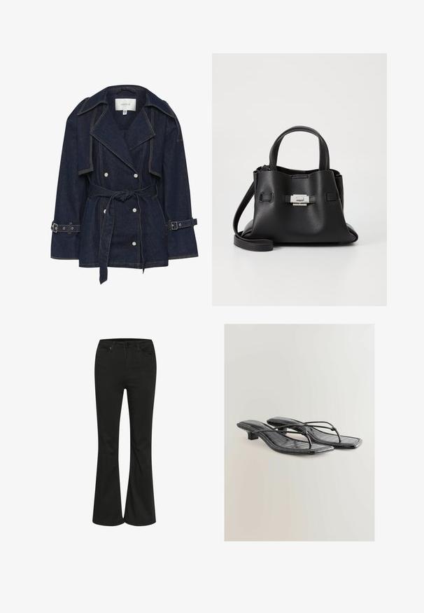 Gestuz SUMMER TRENCHCOAT - Jeansjacke - unwashed denim; Schwarzes Langarmshirt aus geripptem Stoff. Es hat einen runden Ausschnitt und eine figurnahe Passform ohne sichtbare Muster oder Akzente.; Schwarze Schlagjeans mit glatter Textur, ausgestattet mit einem klassischen Fünf-Taschen-Design und einem Metallknopfverschluss. Tailliert für eine figurnahe Passform.; Schwarze lackierte Kunstleder-Absatzsandalen mit quadratischer Zehenpartie, dünnen Riemen und Krokodilstruktur. Design mit niedrigem Blockabsatz.; Schwarze Ledertasche mit strukturiertem Finish, ausgestattet mit zwei oberen Griffen, einem abnehmbaren Schultergurt und einem silbernen Verschlussdetail.