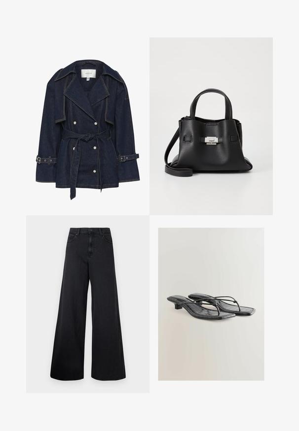 Gestuz SUMMER TRENCHCOAT - Jeansjacke - unwashed denim; Schwarzes Langarmshirt aus geripptem Stoff. Es hat einen runden Ausschnitt und eine figurnahe Passform ohne sichtbare Muster oder Akzente.; Schwarze weit geschnittene Jeans mit hoher Taille und vorderem Knopfverschluss, vor einem schlichten Hintergrund präsentiert.; Schwarze lackierte Kunstleder-Absatzsandalen mit quadratischer Zehenpartie, dünnen Riemen und Krokodilstruktur. Design mit niedrigem Blockabsatz.; Schwarze Ledertasche mit strukturiertem Finish, ausgestattet mit zwei oberen Griffen, einem abnehmbaren Schultergurt und einem silbernen Verschlussdetail.