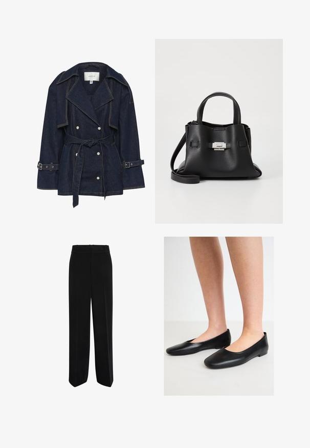 Gestuz SUMMER TRENCHCOAT - Cowboyjakker - unwashed denim; Sort og creme stribet tanktop med en tætsiddende pasform, der har tykke vandrette striber og et logo centreret foran. Blød strikstruktur.; Sorte vide benbukser med glat stof, høj talje og flad front uden lommer eller udsmykning.; Sorte ballerinaer lavet af glat læder med en rund tå og en lav, flad sål, der har et nemt slip-on design uden synlige beslag.; Sort læderhåndtaske med en tekstureret overflade, der har to bærehåndtag, en aftagelig skulderrem og en detalje med sølvspænde.