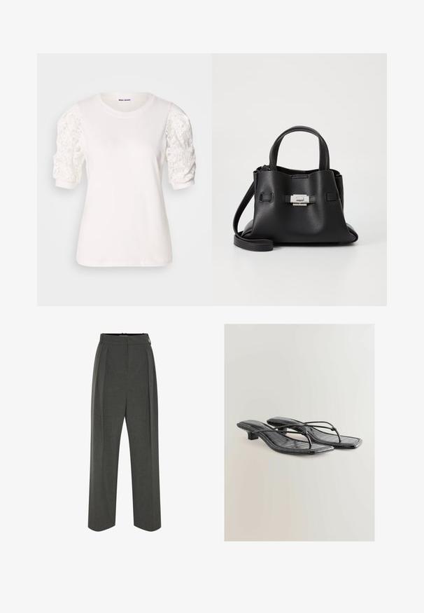 Gestuz SUMMER TRENCHCOAT - Jachetă din denim - unwashed denim; Tricou alb cu mâneci scurte, puffate, din dantelă. Decolteu rotund, textură moale și o croială ușor lejeră. Eticheta brandului vizibilă în interior.; Pantaloni gri cu picioare largi, realizați din material texturat, cu talie înaltă și pliuri frontale. Designul include o bandă de talie netedă și fără sisteme de prindere vizibile.; Sandale cu toc din piele ecologică patentată neagră, cu vârf pătrat, bretele subțiri și detalii cu textură de crocodil. Design cu toc mic și pătrat.; Geantă de mână din piele neagră cu o finisare texturată, având două mânere superioare, o curea de umăr detașabilă și un detaliu cu închidere din argint.; Cercei lungi aurii cu un nasture circular alb și o picătură albă în formă de lacrimă, având un accent aurit conic.