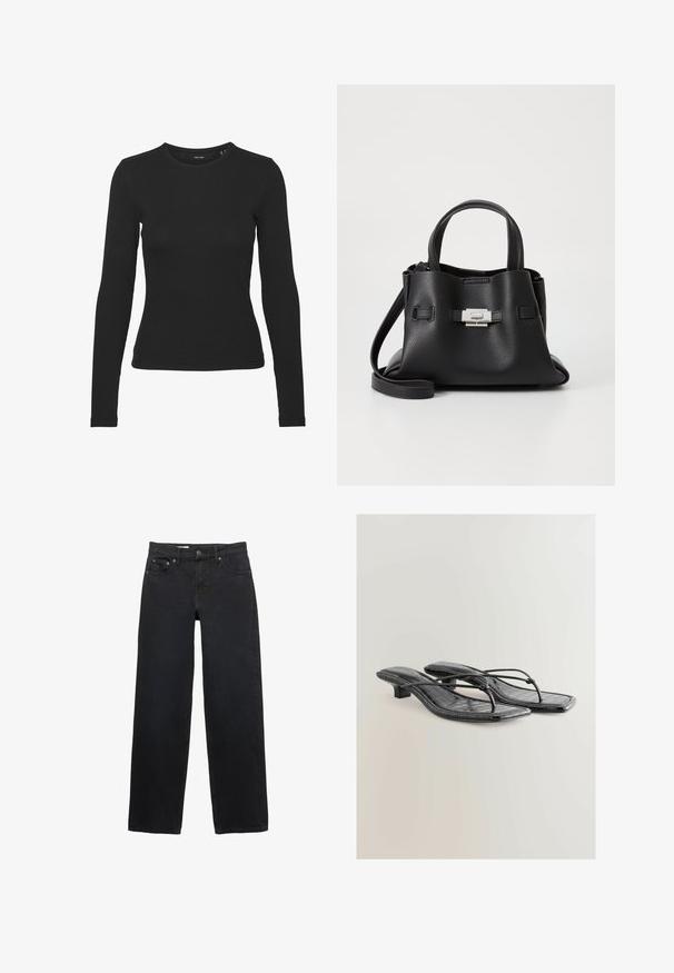 Gestuz SUMMER TRENCHCOAT - Farkkutakki - unwashed denim; Musta pitkähihaisen paita ribbindingestä. Siinä on pyöreä pääntie ja tiukka malli ilman näkyviä kuvioita tai korostuksia.; Mustat leveät farkut denimistä, joissa on viisi taskua, nappikiinnitys, hillitty ompelu ja suora leikkaus vyötäröstä helmaan.; Musta patentoitu keinonahkainen korolliset sandaalit, joissa on neliön muotoinen kärki, ohuet hihnat ja krokotiilikuosiset yksityiskohdat. Matala lohkokorko.; Mustat nahkaa oleva käsilaukku, jossa on teksturoitu pinta, kaksi yläkahvaa, irrotettava olkahihna ja hopeinen solk yksityiskohta.