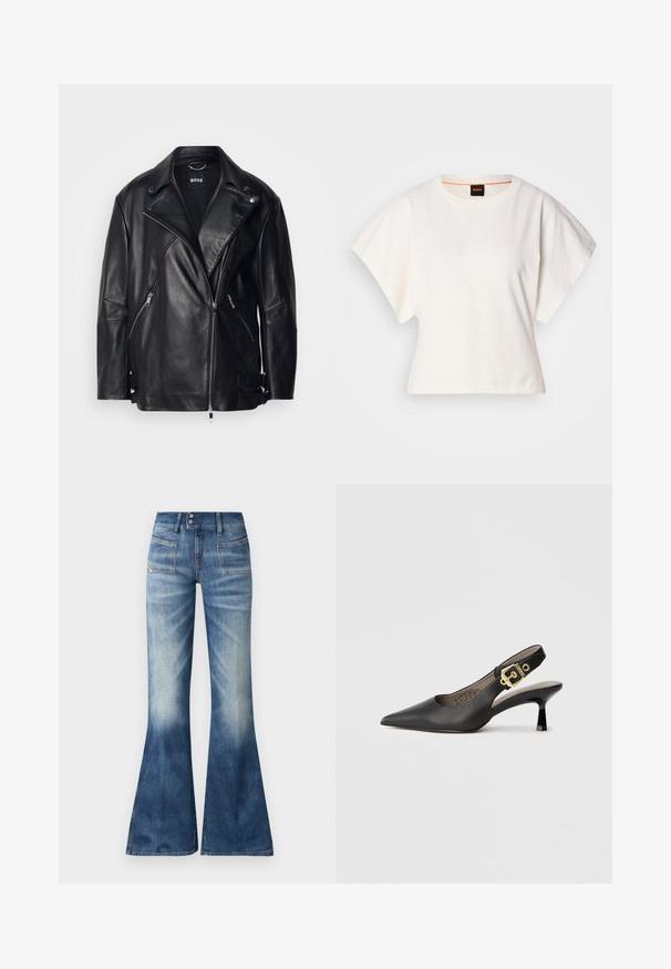Giacca da motociclista in pelle nera con ampio colletto, zip asimmetrica, tasche laterali e dettagli con fibbia sui polsini. Texture liscia.; T-shirt bianca cropped, maniche corte e larghe, tessuto di cotone morbido, scollatura rotonda con bordino arancione sottile, design minimale, senza motivi o grafiche.; Jeans in denim blu flared con un gradiente da chiaro a scuro, due tasche frontali e chiusura a bottone. Presentano cuciture minime e una texture liscia.; Scarpa con tacco alto e slingback nera, con punta affilata, finitura in pelle liscia e un accento in metallo dorato sulla fibbia della cinturino.