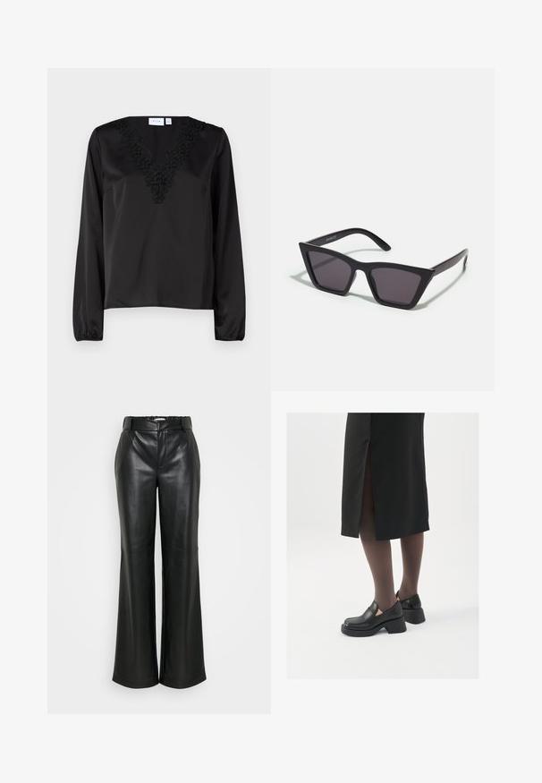 Giacca in pelliccia ecologica beige chiaro, con colletto alto, maniche lunghe e sagoma squadrata, superficie testurizzata e soffice. Senza chiusure visibili.; Blusa nera a maniche lunghe con scollatura a V caratterizzata da un intricato ricamo floreale nero. Texture in satin morbido e polsini elastici.; ONLY Tall ONLSMOOTH WIDE - Pantaloni - black; Scarpe in pelle nera con punta arrotondata, tacco spesso a blocco e accenti laterali in elastico, abbinate a collant scuri e una gonna nera con uno spacco.; Occhiali da sole neri e angolari con lenti grigie; realizzati in plastica, con aste spesse dalla superficie liscia e senza hardware visibile.