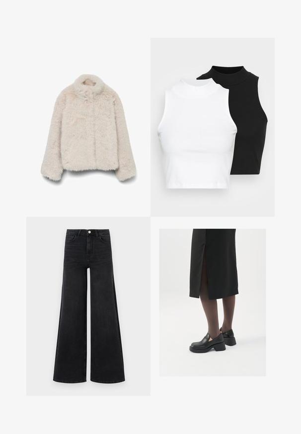 Jakna od lažne krzno u nježno bež boji, s visokim ovratnikom, dugim rukavima i kutijastim krojem, s teksturiranom, pahuljastom površinom. Nema vidljivih zatvarača.; Dvije bezrukavne rebraste majice s visokim ovratnikom u crnoj i bijeloj boji, s prilagođenim dizajnom i glatkom teksturom, te skraćenom dužinom.; Crne široke traperice s visokim strukom, pet džepova i kopčanjem na dugme. Glatka tekstura s minimalnim blijedom.; Crne kožne cipele s zaobljenim vrhom, debelim blok petama i elastičnim bočnim detaljima, uparene s tamnim čarapama i crnom suknjom s prorezom.