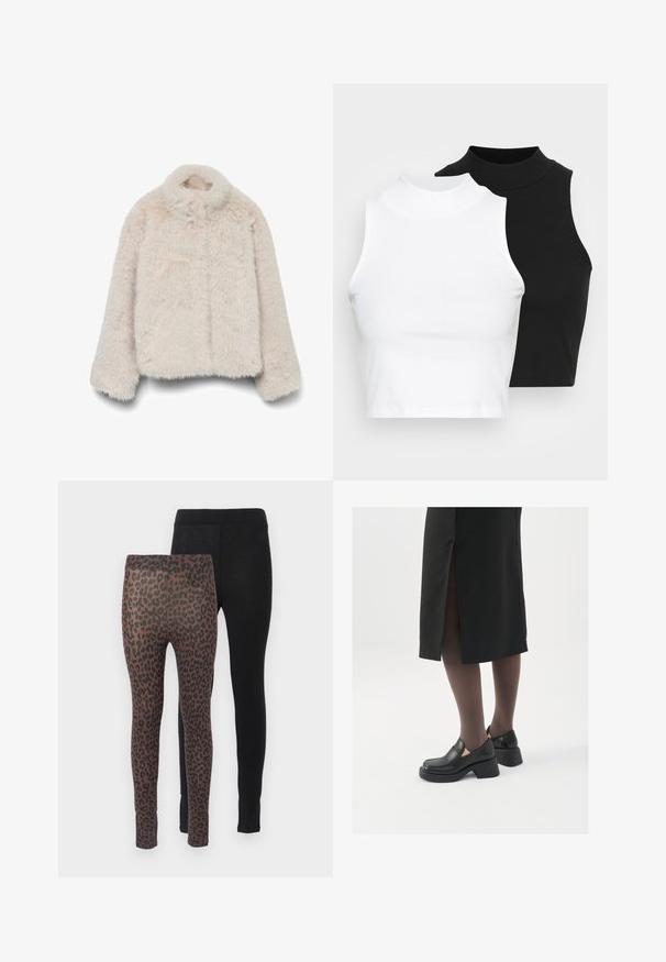 Jakna od lažne krzno u nježno bež boji, s visokim ovratnikom, dugim rukavima i kutijastim krojem, s teksturiranom, pahuljastom površinom. Nema vidljivih zatvarača.; Dvije bezrukavne rebraste majice s visokim ovratnikom u crnoj i bijeloj boji, s prilagođenim dizajnom i glatkom teksturom, te skraćenom dužinom.; Dva para tajica: jedan u čvrstoj crnoj tkanini, a drugi smeđi s crnim uzorkom leoparda, s elastičnim pojasom.; Crne kožne cipele s zaobljenim vrhom, debelim blok petama i elastičnim bočnim detaljima, uparene s tamnim čarapama i crnom suknjom s prorezom.