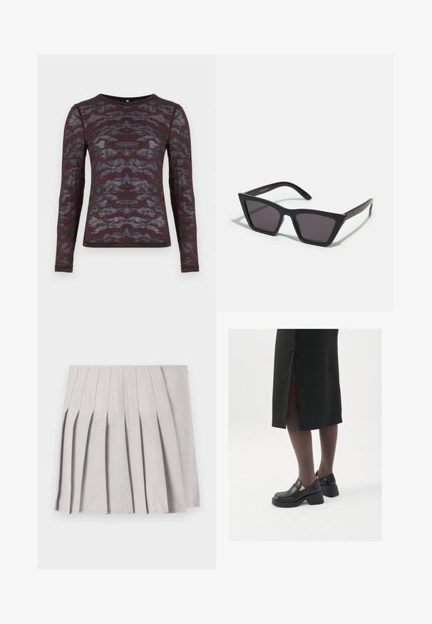 Bunda z umělé kožešiny v jemné béžové barvě, s vysokým límcem, dlouhými rukávy a boxy střihem, s texturovaným, chlupatým povrchem. Nejsou vidět žádná zapínání.; Dámský top s dlouhým rukávem v burgundské barvě se šedým abstraktním vzorem; lehký, mírně texturovaný materiál; kulatý výstřih, přiléhavý střih.; Šedá skládaná sukně s hladkým povrchem, se spoustou vertikálních skladů a přiléhavým pasem. Vyrobena z lehkého materiálu.; Černé kožené boty s kulatou špičkou, silným blokovým podpatkem a elastickými bočními akcenty, spárované s tmavými punčochami a černou sukní se rozparkem.; Černé, ostré sluneční brýle s šedými skly; vyrobené z plastu, s mohutnými rameny a hladkým povrchem bez viditelného hardwaru.; Stříbrné kruhové náušnice s minimalistickým designem. Kruh, hladký povrch a tenký profil. Lehká konstrukce s lesklým povrchem.