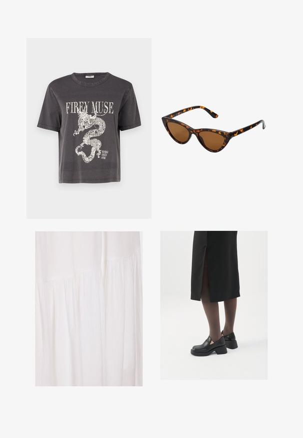 Tekoturkistakki pehmeässä beigen sävyssä, jossa on korkea kaulus, pitkät hihat ja laatikkomainen muoto, teksturoitu ja pörröinen pinta. Sulkimia ei näy.; Tummanharmaa lyhythihainen cropped t-paita, jossa on valkoinen lohikäärme-kuva ja teksti "FIREY MUSE" rohkealla fontilla. Puuvillamateriaali.; Valkoinen kangasmekko, jossa on teksturoitu pinta, pehmeät poimut ja epäsäännölliset muotoiluelementit, luoden virtaavan siluetin.; Mustat nahkakengät pyöreällä kärjellä, paksulla lohkopohjalla ja joustavilla sivuakkesseilla, yhdistettynä tummiin sukkahousuihin ja mustaan hameeseen, jossa on halkio.; Kattöga solglasögon med en svart och orange sköldpaddsmönstrad båge, bruna linser och slanka, spetsiga spetsar. Har en minimal logotyp på skalmen.