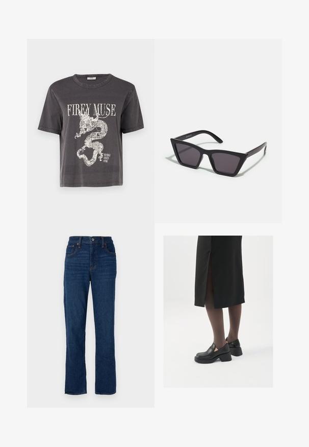 Faux fur jacket in soft beige, featuring a high collar, long sleeves, and a boxy shape, with a textured, fluffy surface. No closures visible.; Dark gray cropped t-shirt with short sleeves featuring a white dragon graphic and text "FIREY MUSE" in a bold font. Cotton material.; Dark blue denim straight-leg jeans with a five-pocket design, orange stitching, and a button closure at the waistband.; Black leather shoes with a rounded toe, thick block heel, and elastic side accents, paired with dark tights and a black skirt with a slit.; Black, angular sunglasses with gray lenses; made of plastic, featuring thick arms with a smooth surface and no visible hardware.