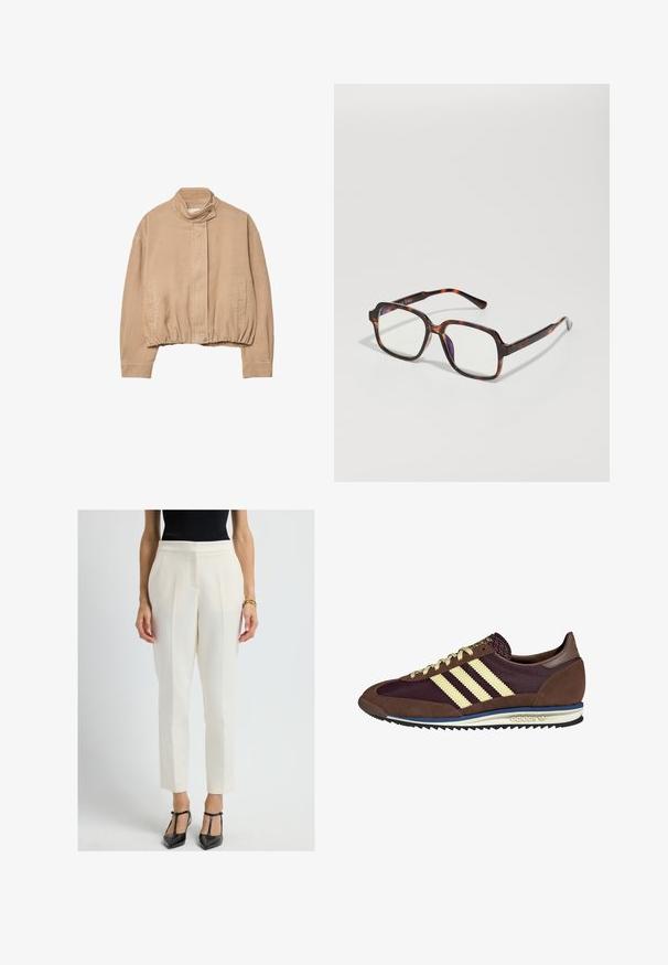 Veste en corduroy beige avec un col haut, un ourlet élastique et une fermeture à pression à l'avant. Présente des poches latérales et une texture côtelée.; Pull en tricot marron avec un col rond, coupe décontractée et manches courtes et larges. Texture douce, adapté pour une tenue décontractée.; Pantalons blancs pour femmes, ajustés, avec des plis et une texture lisse, associés à des escarpins en cuir laqué noir.; Baskets marron et bordeaux avec des matériaux en daim et en maille, présentant trois rayures crème, un tissu texturé sur la languette et une semelle en caoutchouc.; Lunettes de soleil en écaille de tortue avec des montures carrées, des verres transparents et des branches fines arborant un discret logo. Fini mat et brillant.; Grand sac à épaule noir et beige à motifs, avec une finition douce et texturée et des straps en cuir réglables. Éléments métalliques subtils.