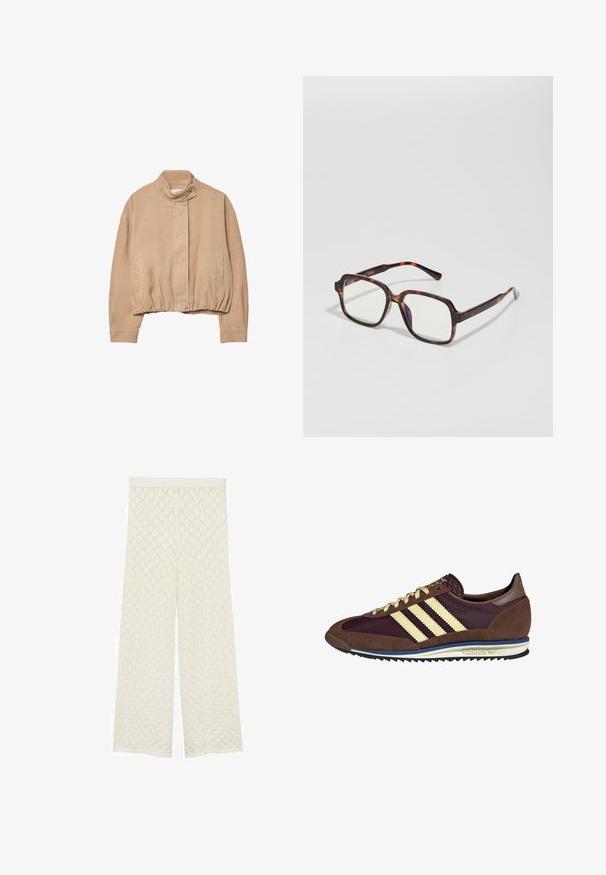 Veste en corduroy beige avec un col haut, un ourlet élastique et une fermeture à pression à l'avant. Présente des poches latérales et une texture côtelée.; Pull en tricot marron avec un col rond, coupe décontractée et manches courtes et larges. Texture douce, adapté pour une tenue décontractée.; Pantalons larges de couleur crème en tissu texturé à motif en losanges. Ils possèdent une taille lisse et une coupe ample et aérée.; Baskets marron et bordeaux avec des matériaux en daim et en maille, présentant trois rayures crème, un tissu texturé sur la languette et une semelle en caoutchouc.; Lunettes de soleil en écaille de tortue avec des montures carrées, des verres transparents et des branches fines arborant un discret logo. Fini mat et brillant.; Grand sac à épaule noir et beige à motifs, avec une finition douce et texturée et des straps en cuir réglables. Éléments métalliques subtils.
