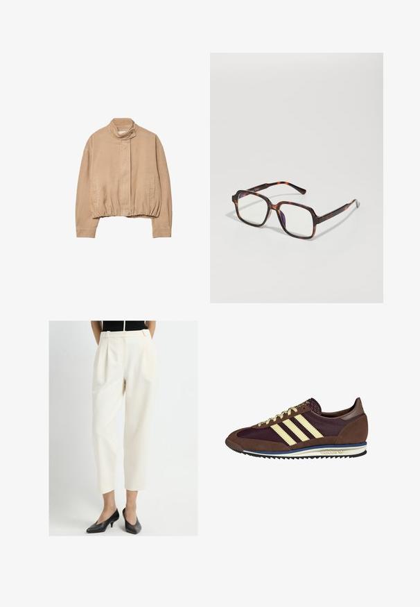 Giacca in corduroy beige con colletto alto, orlo elasticizzato e chiusura frontale a pressione. Presenta tasche laterali e texture a coste.; Maglione marrone lavorato a maglia con collo rotondo, vestibilità rilassata e maniche corte e ampie. Texture morbida, adatta per un abbigliamento casual.; Pantaloni cream a vita alta con pieghe, gamba affusolata e tasche laterali, abbinati a scarpe nere con tacco basso. Texture liscia.; Sneaker marrone e bordeaux realizzato in materiali scamosciati e in rete, caratterizzato da tre strisce color crema, tessuto testurizzato sulla linguetta e suola in gomma.; Occhiali da sole tartarugati con montatura quadrata, lenti trasparenti e tempie sottili con un delicato dettaglio del logo. Finitura opaca e lucida.; Ampia borsa a spalla nera e beige con motivo, dal finish morbido e texturizzato e spallacci in pelle regolabili. Presenta sottili dettagli metallici.