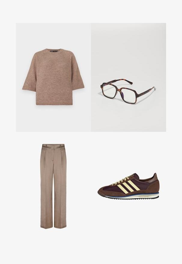 Beige Cordjacke mit hohem Kragen, elastischem Saum und Druckknopfverschluss vorne. Verfügt über Seitentaschen und gerippte Textur.; Brauner Strickpullover mit Rundhalsausschnitt, lockerer Passform und kurzen, weiten Ärmeln. Weiche Textur, geeignet für lässige Outfits.; Beige weite Hosen mit glatter Textur, featuring einen flachen Bund, zwei Falten und seitlichen Taschen. Aus leichtem Stoff gefertigt.; Braune und burgunderfarbene Sneaker aus Wildleder und Mesh-Materialien, mit drei cremefarbenen Streifen, strukturiertem Stoff an der Zunge und einer Gummisohle.; Schildpatt-Sonnenbrillen mit quadratischen Rahmen, klaren Gläsern und schlanken Bügeln mit einem dezenten Logodetail. Matte und glänzende Oberflächen.; Große schwarze und beige gemusterte Schultertasche mit einer weichen, strukturierten Oberfläche und verstellbaren Lederträgern. Verfügt über dezente metallelemente.