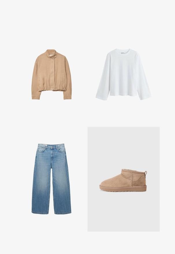 Bež žametna jakna z visokim ovratnikom, elastičnim robom in sprednjim zapiranjem na pritiskače. Ima stranske žepe in rebrasto teksturo.; Bela majica s dolgimi rokavi, izdelana iz mehke bombažne tkanine, z okroglim izrezom in obliko z spušenimi rameni, sproščenega kroja in brez vidnih vzorcev.; Svijetloplave široke traperice napravljene odDenima, s klasičnim dizajnom pet džepova i zatvaranjem na gumbe. Ispucala tekstura kroz cijelu površinu.; Rjavi semiš ankleni čevlji z mehko notranjo podlogo, šivanim detajliranjem in teksturiranim gumijastim podplatom za dober oprijem. Zanka na zadnji strani za lažje obuvanje.