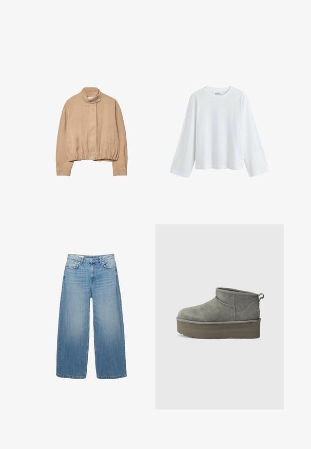 Bež žametna jakna z visokim ovratnikom, elastičnim robom in sprednjim zapiranjem na pritiskače. Ima stranske žepe in rebrasto teksturo.; Bela majica s dolgimi rokavi, izdelana iz mehke bombažne tkanine, z okroglim izrezom in obliko z spušenimi rameni, sproščenega kroja in brez vidnih vzorcev.; Svijetloplave široke traperice napravljene odDenima, s klasičnim dizajnom pet džepova i zatvaranjem na gumbe. Ispucala tekstura kroz cijelu površinu.; Sive semiš gležnjarji z zaobljenim nosom, nizkim rezom in debelim podplatom. Imajo zanko na peti in šivane detajle.