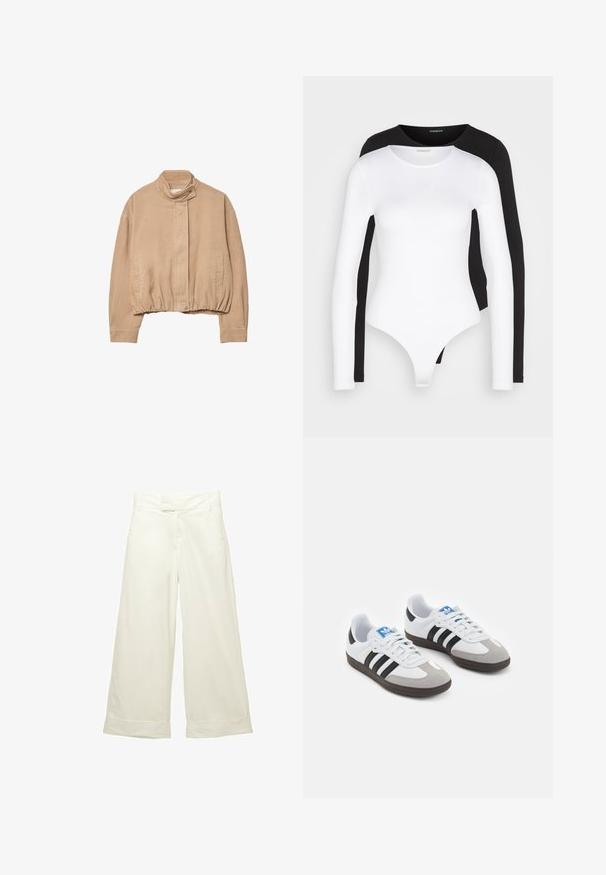 Beige fløjljakke med høj krave, elastisk kant og trykknaplukning foran. Har sidelommer og ribbet tekstur.; Sort og hvid langærmet bodystocking med en rund halsudskæring. Fremstillet af blødt, strækbart stof, har den en g-streng-lignende bund og tætsiddende ærmer.; Bredde bukser i blødt, cremefarvet stof. Har en flad talje og op-rullede manchetter. Glat tekstur med et rent, minimalistisk design.; Sportsko med en overdel i hvid læder, grå ruskind på tåen og tre sorte striber. Har et blåt logo på tungen og en struktureret gummisål.