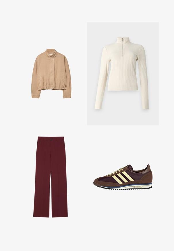 Beige corduroyjas met een hoge kraag, elastische zoom en drukknopen aan de voorkant. Beschikt over zijzakken en ribbeltextuur.; Crème ribbeltrui met lange mouwen en een hoge nek. Kenmerkt zich door een rits van een kwart aan de voorkant en een getailleerd ontwerp. Effen structuur.; Bordeauxkleurige broek met een wijd pootontwerp, voorzien van een knoopsluiting, twee zijzakken en vooraan geplooide details. Soepele stofstructuur.; Bruine en bordeauxkleurige sneaker van suede en mesh materiaal, met drie crèmekleurige strepen, een gemêleerd stof op de tong en een rubberen zool.