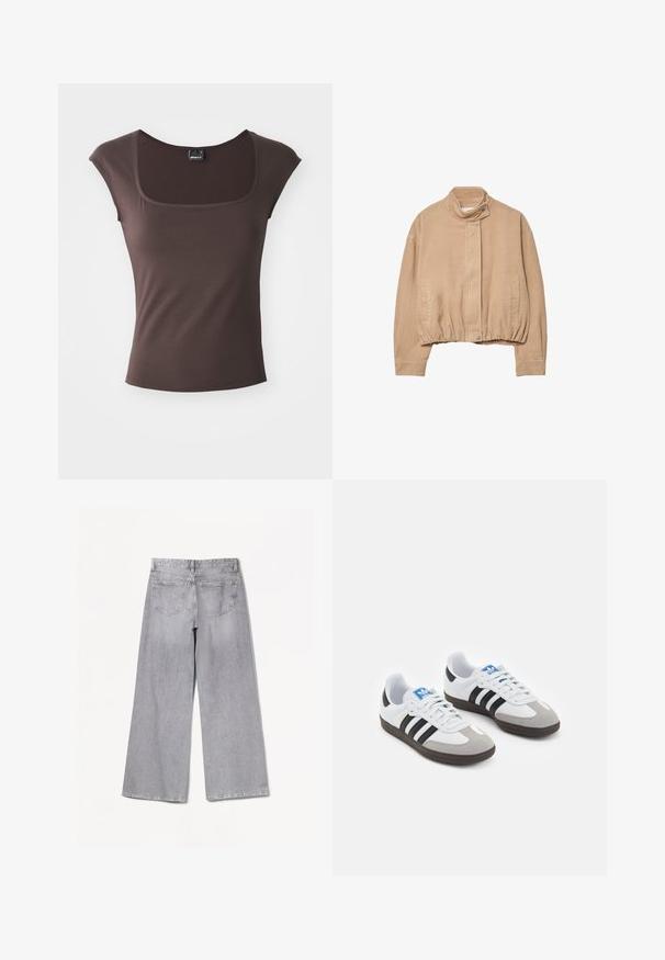 Beige Cordjacke mit hohem Kragen, elastischem Saum und Druckknopfverschluss vorne. Verfügt über Seitentaschen und gerippte Textur.; Braunes kurzärmliges Oberteil mit quadratischem Ausschnitt, aus glattem Stoff gefertigt. Verfügt über ein tailliertes Design und saubere, gesäumte Kanten.; Bershka WIDE-LEG - Wide Leg - grey; Sportschuhe mit einem Obermaterial aus weißem Leder, grauer Wildleder-Zehenkappe und drei schwarzen Streifen. Sie verfügen über ein blaues Logo auf der Zunge und eine strukturierte Gummisohle.