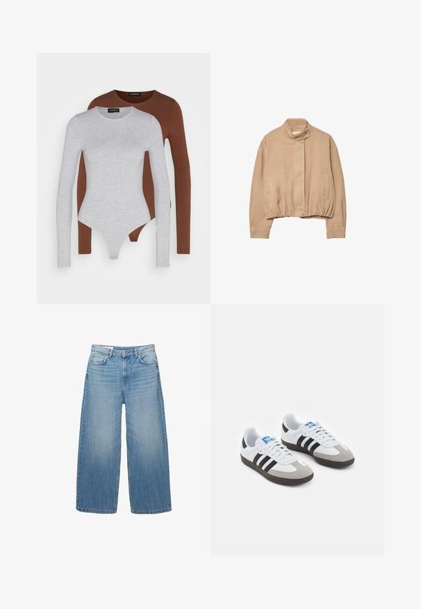 Beige Cordjacke mit hohem Kragen, elastischem Saum und Druckknopfverschluss vorne. Verfügt über Seitentaschen und gerippte Textur.; Zwei Langarm-Bodysuits: einer grau und einer braun, beide aus glattem Stoff gefertigt. Sie haben Rundhalsausschnitte und eine körpernahe Passform.; Hellblaue weite Jeans aus Denim, mit einem klassischen Fünf-Taschen-Design und einem Knopfverschluss. Im ganzen Stoff mit einem verwaschenen Look.; Sportschuhe mit einem Obermaterial aus weißem Leder, grauer Wildleder-Zehenkappe und drei schwarzen Streifen. Sie verfügen über ein blaues Logo auf der Zunge und eine strukturierte Gummisohle.