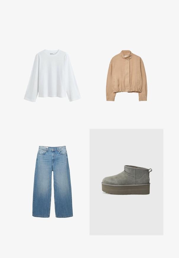 Giacca in corduroy beige con colletto alto, orlo elasticizzato e chiusura frontale a pressione. Presenta tasche laterali e texture a coste.; T-shirt bianco a maniche lunghe realizzato in morbido cotone, con scollo rotondo e design a spalla abbassata, dalla vestibilità comoda e senza motivi visibili.; Jeans a gamba larga di un blu chiaro in denim, con un classico design a cinque tasche e chiusura con bottone. Texture scolorita in tutta la superficie.; Stivaletti alla caviglia in suede grigio con punta rotonda, taglio basso e suola platform spessa. Presentano una linguetta sul tallone e dettagli cuciti.