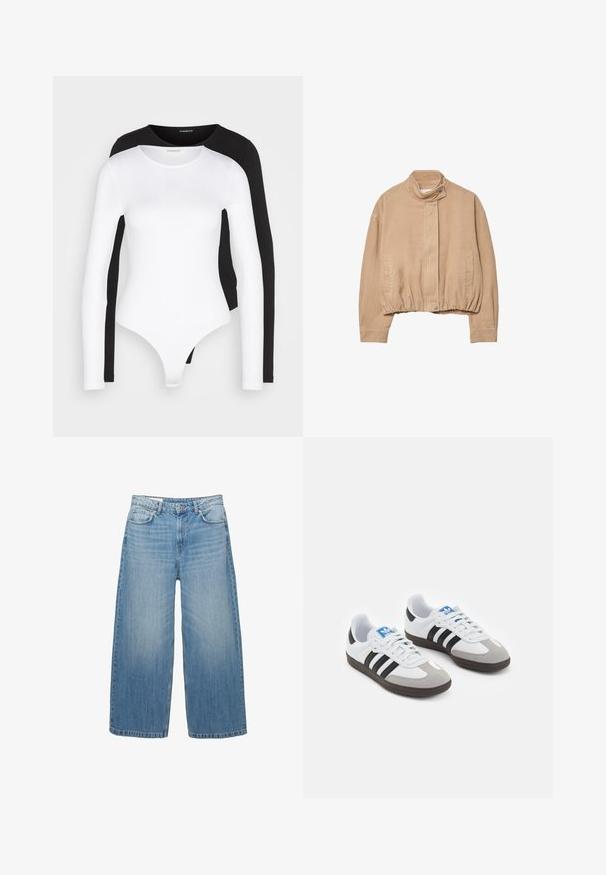 Beige corduroy takki korkealla kauluksella, joustava helma ja etu-napitus. Sisältää sivutaskut ja ribbatun tekstuurin.; Mustavalkoinen pitkähihainen bodysuit, jossa on pyöreä pääntie. Valmistettu pehmeästä, joustavasta kankaasta, jossa on thong-tyylinen alaosa ja tiukat hihat.; Vaaleansinisiä leveälahkeisia farkkuja, joissa on klassinen viisipesäinenn tyyli ja nappikiinnitys. Haalistunut pinta kauttaaltaan.; Urheilukengät, joissa on valkoinen nahkainen päällinen, harmaa mokkanokka ja kolme mustaa raitaa. Ominaisuuksina sininen logo kielekkeessä ja kuvioitu kumipohja.