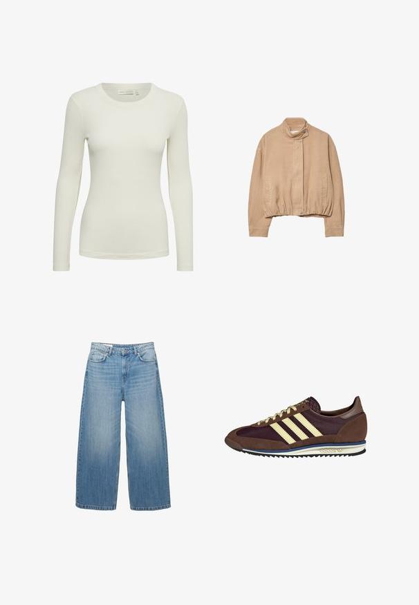 Giacca in corduroy beige con colletto alto, orlo elasticizzato e chiusura frontale a pressione. Presenta tasche laterali e texture a coste.; Top a maniche lunghe a costine di colore avorio, con scollatura rotonda e design aderente. Realizzato in un materiale morbido e liscio con una sottile texture.; Jeans a gamba larga di un blu chiaro in denim, con un classico design a cinque tasche e chiusura con bottone. Texture scolorita in tutta la superficie.; Sneaker marrone e bordeaux realizzato in materiali scamosciati e in rete, caratterizzato da tre strisce color crema, tessuto testurizzato sulla linguetta e suola in gomma.