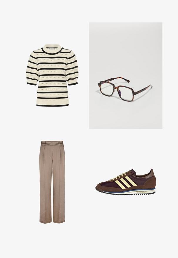 Beige corduroy jacket with a high collar, elasticized hem, and front snap closure. Features side pockets and ribbed texture.; Knit sweater featuring cream and black horizontal stripes, short puff sleeves, a ribbed neckline, and eyelet patterns throughout.; Beige wide-leg trousers with a smooth texture, featuring a flat front, two pleats, and side pockets. Designed from lightweight fabric.; Brown and burgundy sneaker with suede and mesh materials, featuring three cream stripes, textured fabric on the tongue, and a rubber sole.; Tortoiseshell sunglasses with square frames, clear lenses, and slender temples featuring a subtle logo detail. Matte and glossy finish.; Large black and beige patterned shoulder bag with a soft, textured finish and adjustable leather straps. Features subtle metal accents.