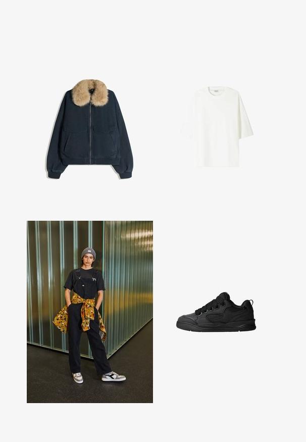 Námořnická bombarďácká bunda s měkkým béžovým umělým kožišinovým límcem, která má dvě přední kapsy a zipové zapínání, vyrobená z texturované látky.; Bílá tričko s krátkým rukávem vyrobené z bavlny, se skládaným výstřihem a uvolněným střihem s rovním lemem.; Černé denimové lacláče s nastavitelnými ramínky, v kombinaci s černým tričkem a košilí s barevným vzorem uvázanou v pase. Šedá čepice a tenisky.; Černé tenisky s texturovaným svrškem, obsahující šněrování, síťované detaily pro prodyšnost, polstrovaný límec a pevnou podrážku.