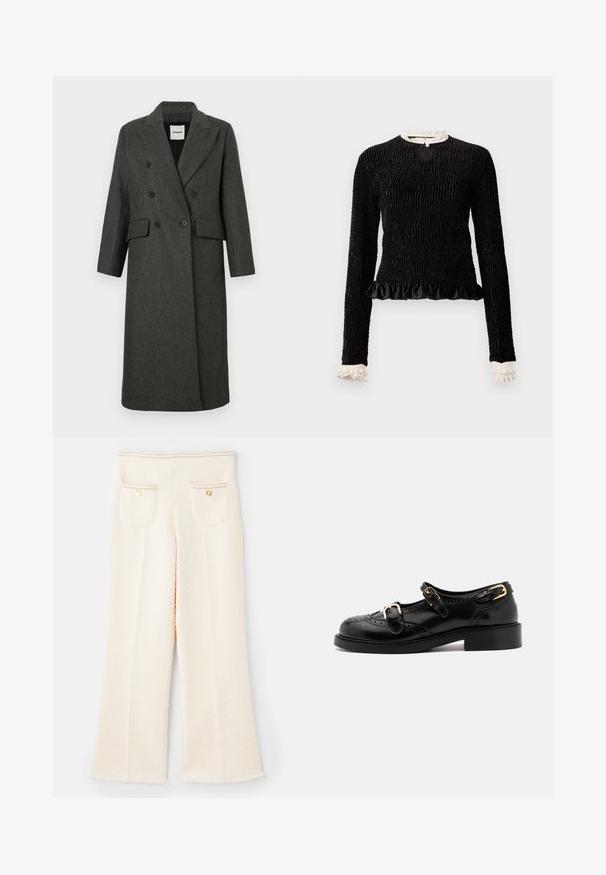 Sötétszürke gyapjú keverék, dupla gombolású kabát, kifinomult hajtókákkal, két elülső zsebbel és két nagy fekete gombbal. Hosszú ujjak, térdhosszig érő design.; Fekete, hosszú ujjú blúz struktúrált anyagból, fodros aljjal és fehér fodros díszítéssel a galléron és a mandzsettákon. Középen hurokkal záródik.; Fehér, texturált, bő szárú nadrág fröccsöntött szegéllyel, két hátsó zsebbel, aranygomb kiemelésekkel és varrással díszített derékkal.; Fekete bőrcipők brogue díszítéssel, két csattal, lekerekített orral és alacsony sarokkal. Simább felület fényes kivitelben.